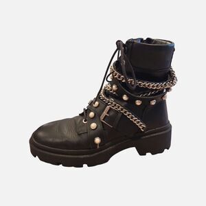 Zara Moto Combat Boots Pearl Studded Chains Women's Biker Grunge Festival 38 8M